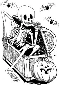 Coloring book skeleton in chest for Halloween
